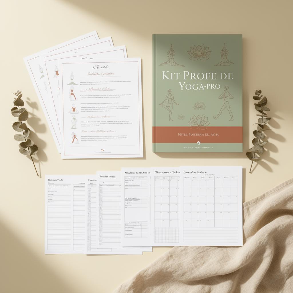 Mockup del Kit Profe de Yoga-Pro: ebook y plantillas profesionales sobre fondo crema